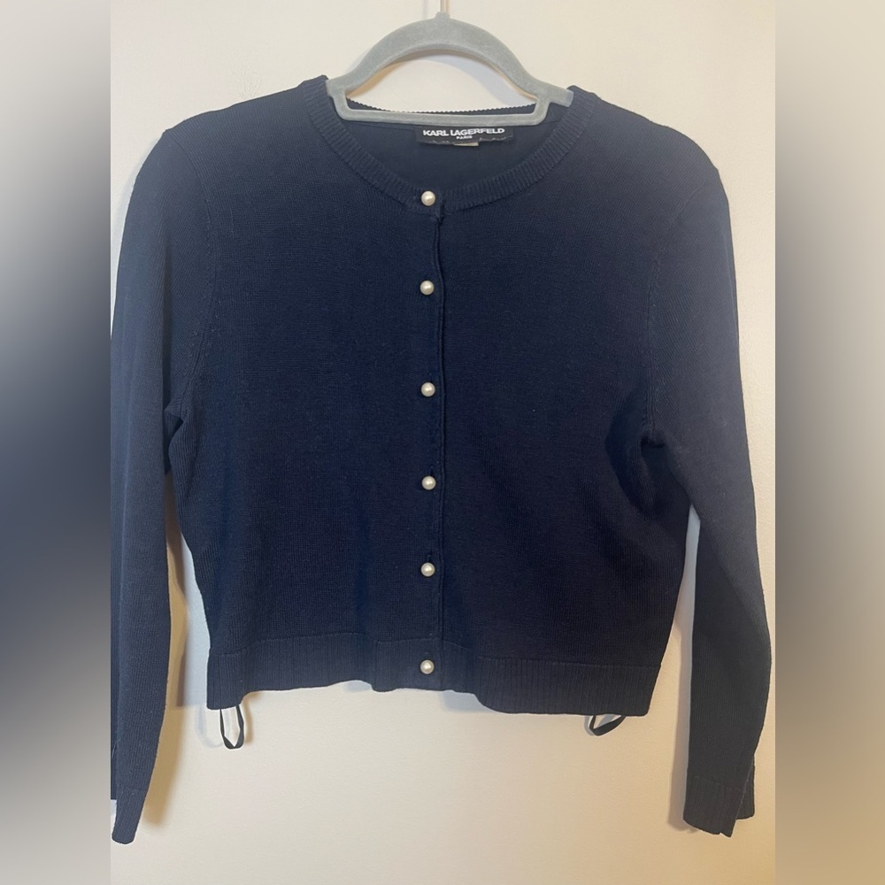 Karl Lagerfeld Midnight Blue Sweater with Pearl Accents